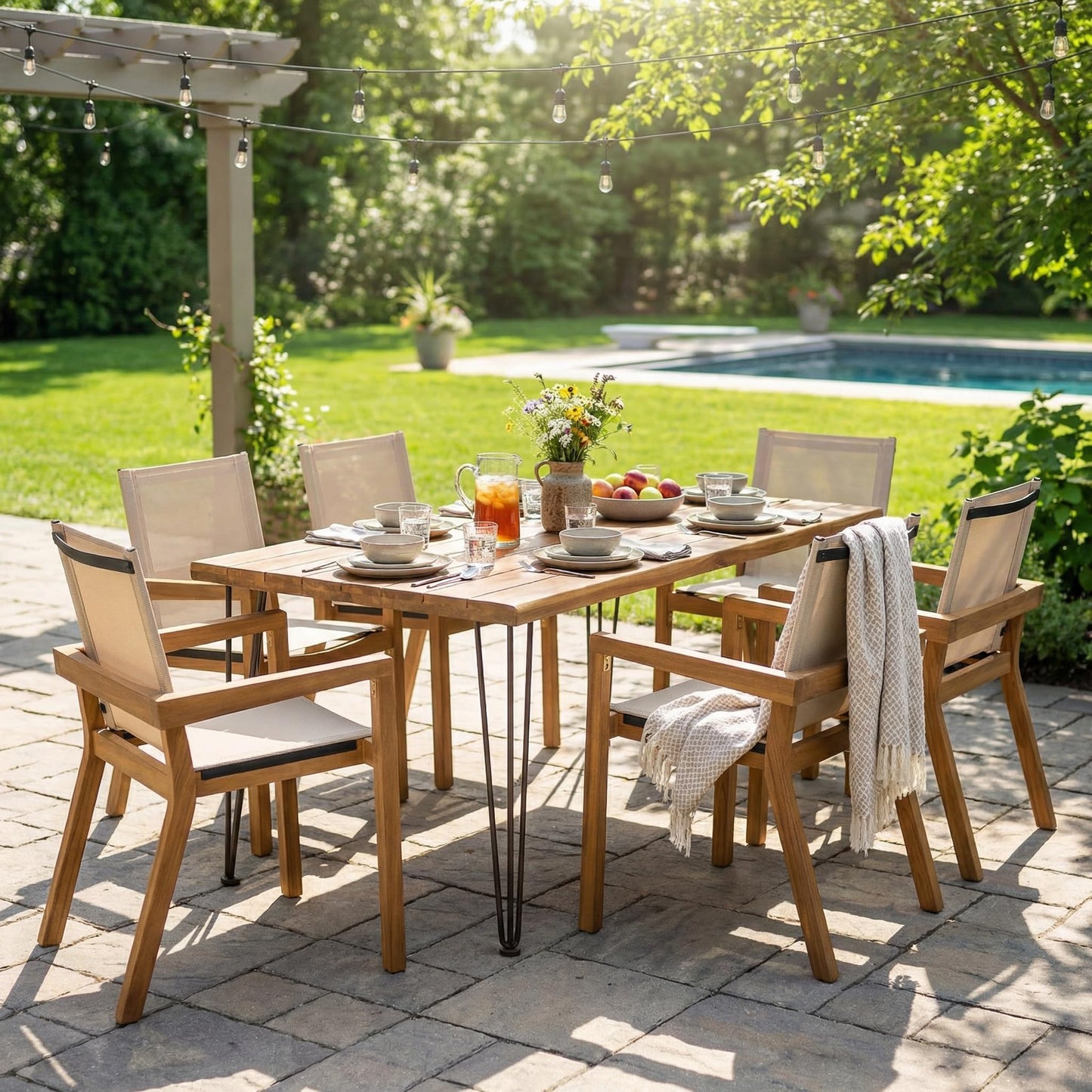 Christopher Knight Home Zion Acacia Wood Outdoor Dining Set for 6, 7 Piece Patio Dining Table and Chair Set, Wooden Outdoor Dining Armchair and Table Set, Teak+Beige