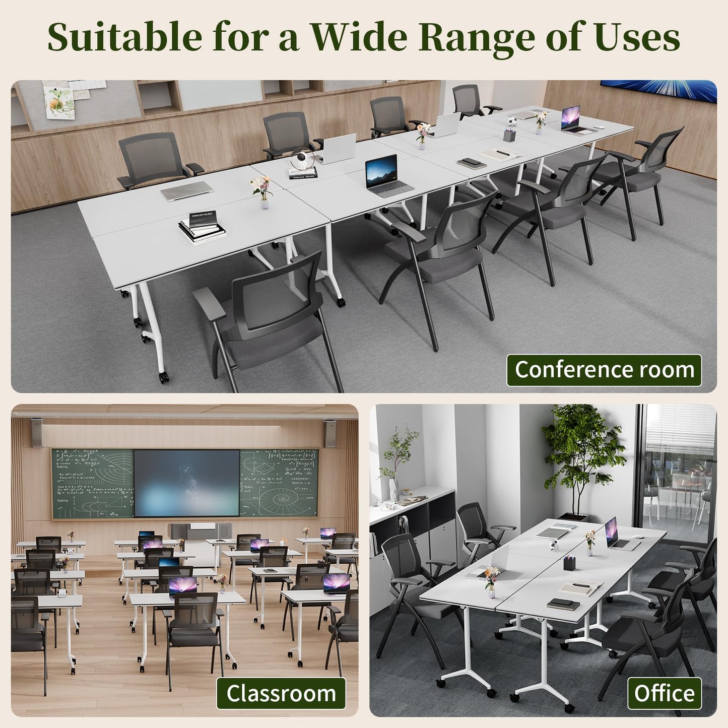 Modular Folding Conference Table with Wheels,6 Pack Mobile Conference Room Tables,Filp Top Rolling Meeting Training Tables for Office,Classroom,Library,Seminar,Boardroom,school(6pack,White,47in)