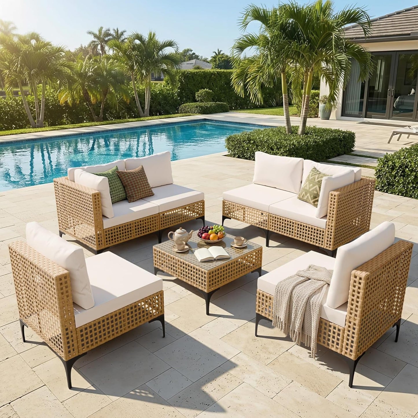 Devoko Patio Furniture Set,7 Pieces Outdoor Wicker Sectional Couch with Thick Cushions &Glass Tabletop, PE Rattan Backyard Conversation Sofa with Coffee Table for Deck, Porch