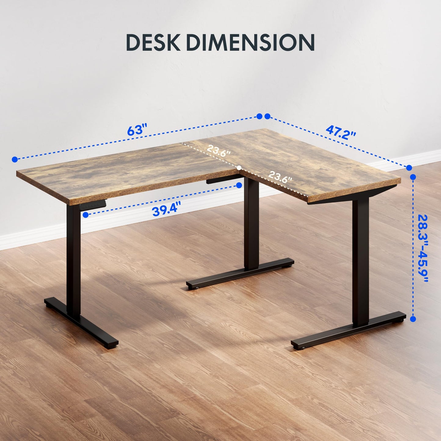 FLEXISPOT L Shaped Standing Desk, 63 x 47 Inch Electric Height Adjustable Corner Desk, Sit Stand Computer Workstation, Preset Controller, Home Office, Black Frame with Rustic Brown Top