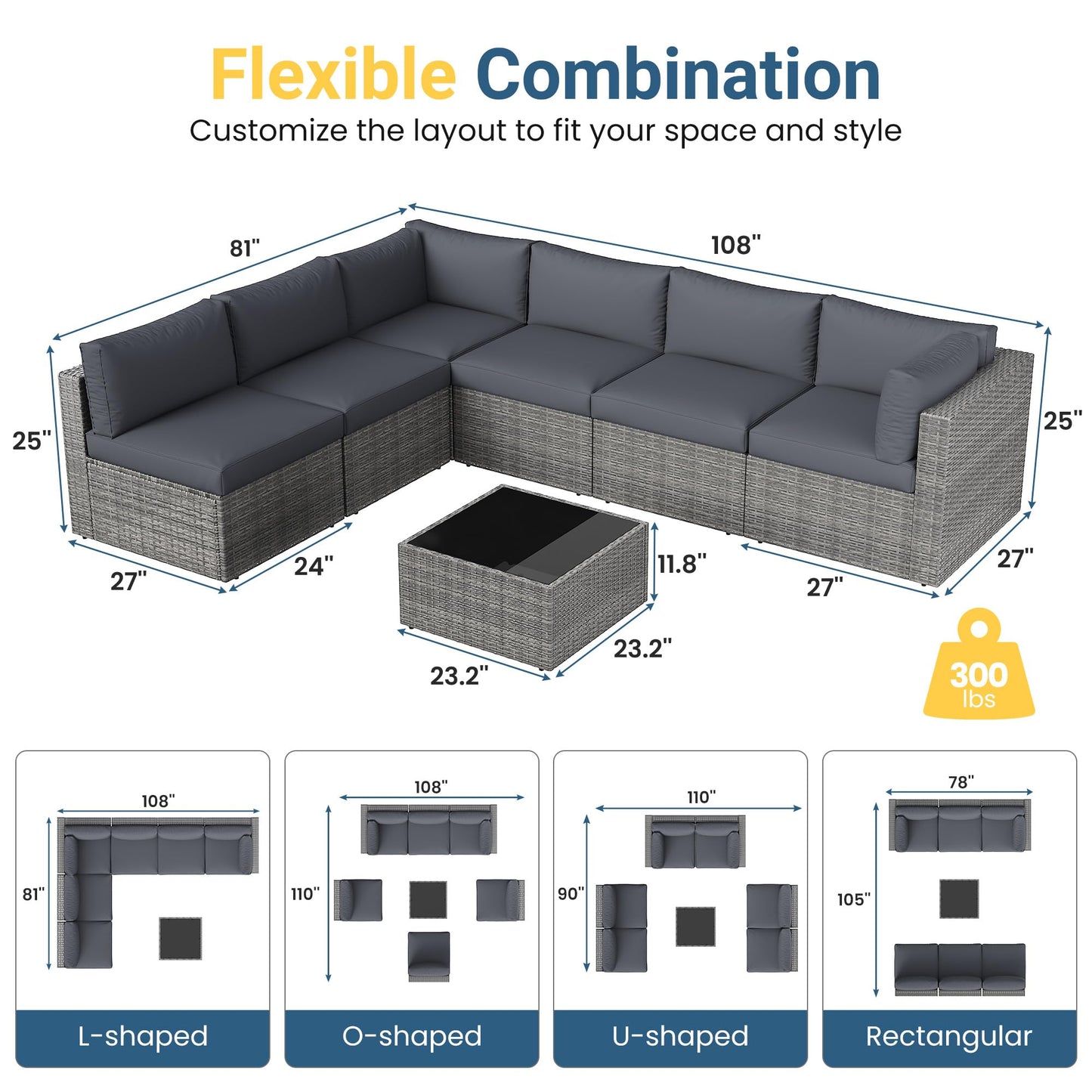 Wisteria Lane 7 Pieces Outdoor Patio Furniture Set, Wicker Outdoor Patio Sectional Sofas with Coffee Table, All-Weather Patio Conversation Set for Garden Backyard, Grey