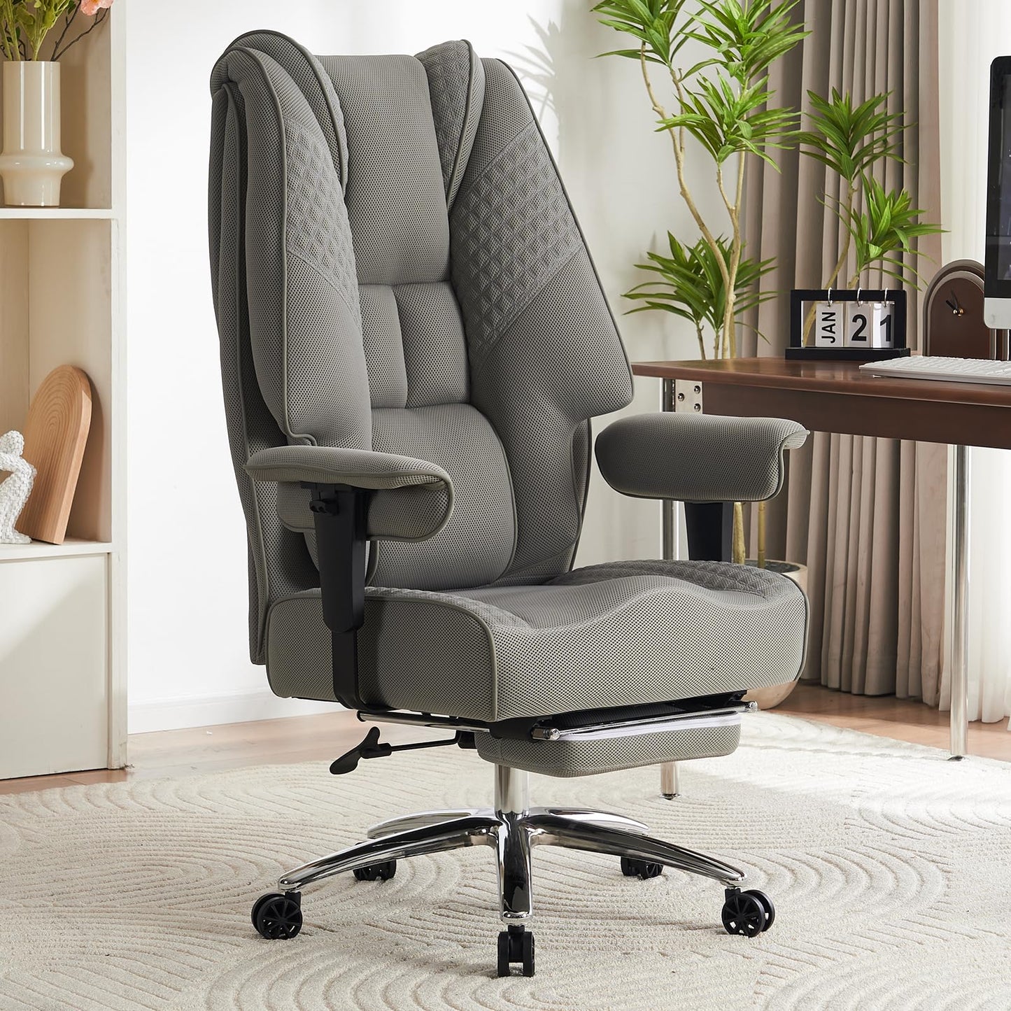 EXCEBET Big and Tall Office Chair 400lbs Wide Seat, Leather High Back Executive Office Chair with Foot Rest, Ergonomic Chairs Lumbar Support for Lower Back Pain Relief (Mesh Light Grey)