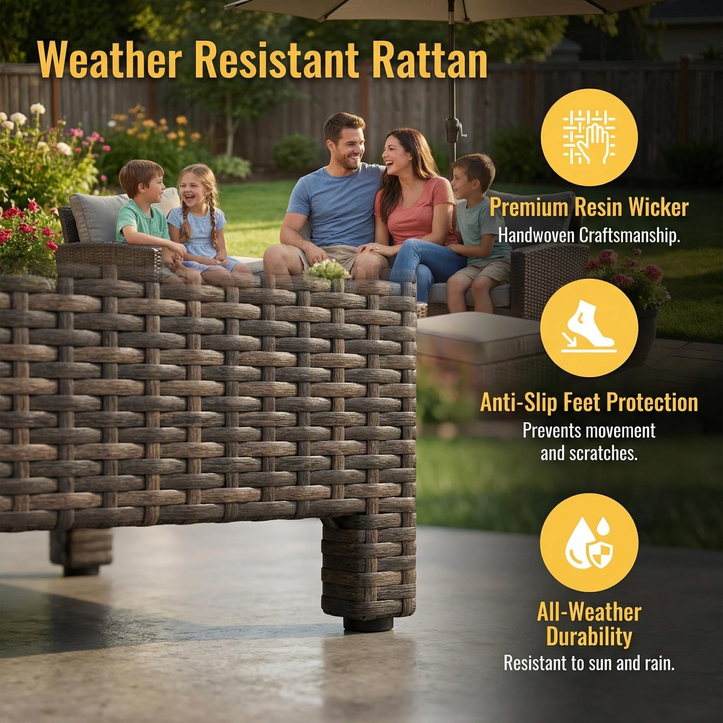 Wisteria Lane 7 Piece Patio Furniture Set, High Curved Back Wicker Patio Sectional, All Weather Outdoor Dining Set, Outdoor Furniture Patio Conversation Set with Ottoman, Grey
