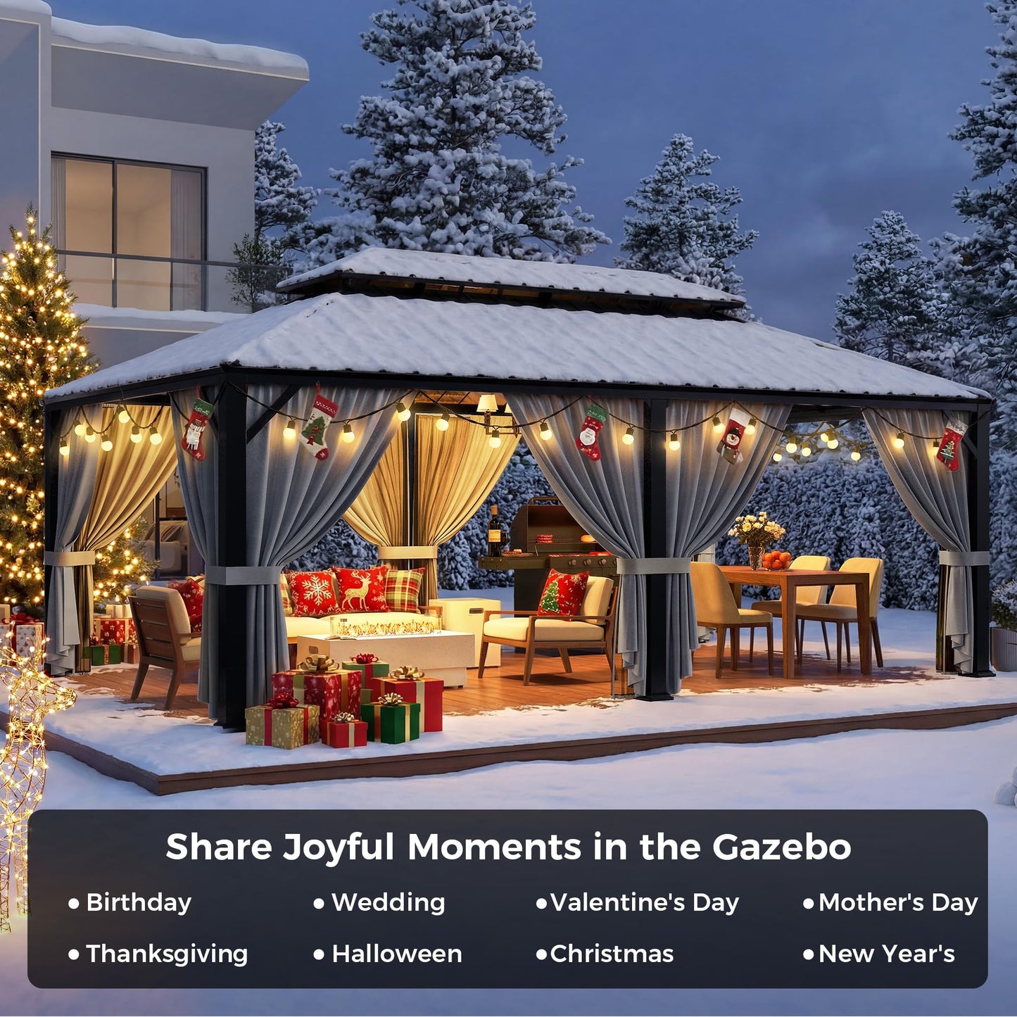 IRONCK 20'x12' Hardtop Gazebo, Update Aluminum Frame Gazebo with Galvanized Steel Double Roof, Outdoor Pergola with Curtain and Net, Backyard Canopy for Garden, Deck, Gray and Black