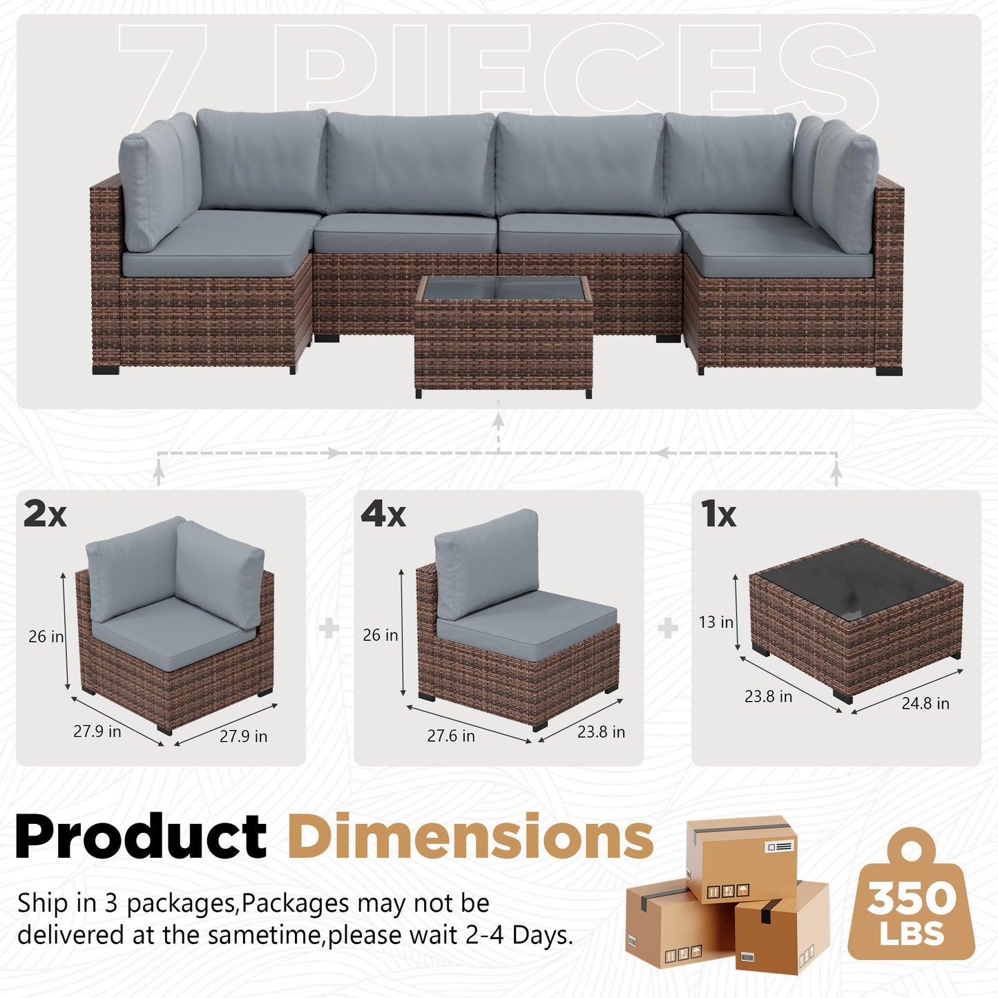 LHBcraft 7 Pieces Outdoor Wicker Rattan Patio Furniture with Rain Cover, Wicker Rattan Outdoor Sectional Sofa Set with Coffee Table & Blue Cushions for Garden, Poolside