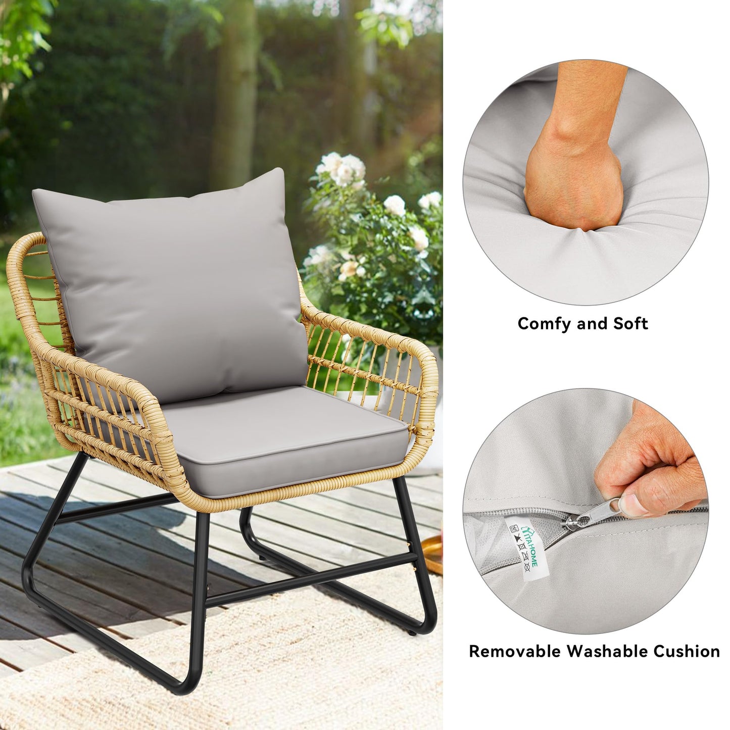 YITAHOME 4 Piece Patio Furniture Set, Outdoor Wicker Furniture Set with Removable Cushion, Rattan Patio Loveseat Set for Garden, Backyard, and Deck,Armchairs, Glass Side Table, Light Gray & Beige