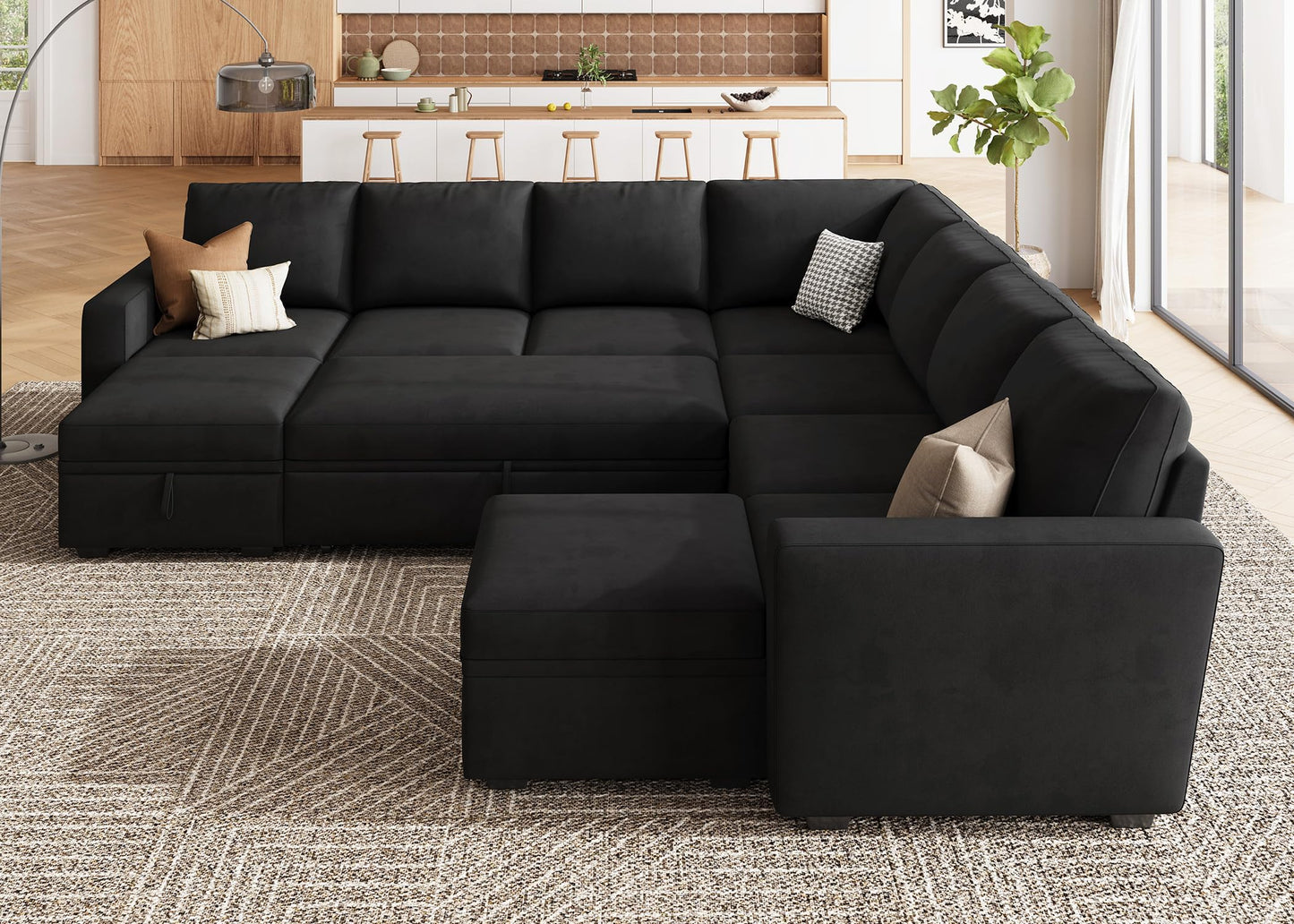 HONBAY Modular Sectional Sleeper Sofa with Pull Out Couch, Oversized U Shaped Sleeper Pull Out Bed with Storage Sectional Couches for Living Room - Black