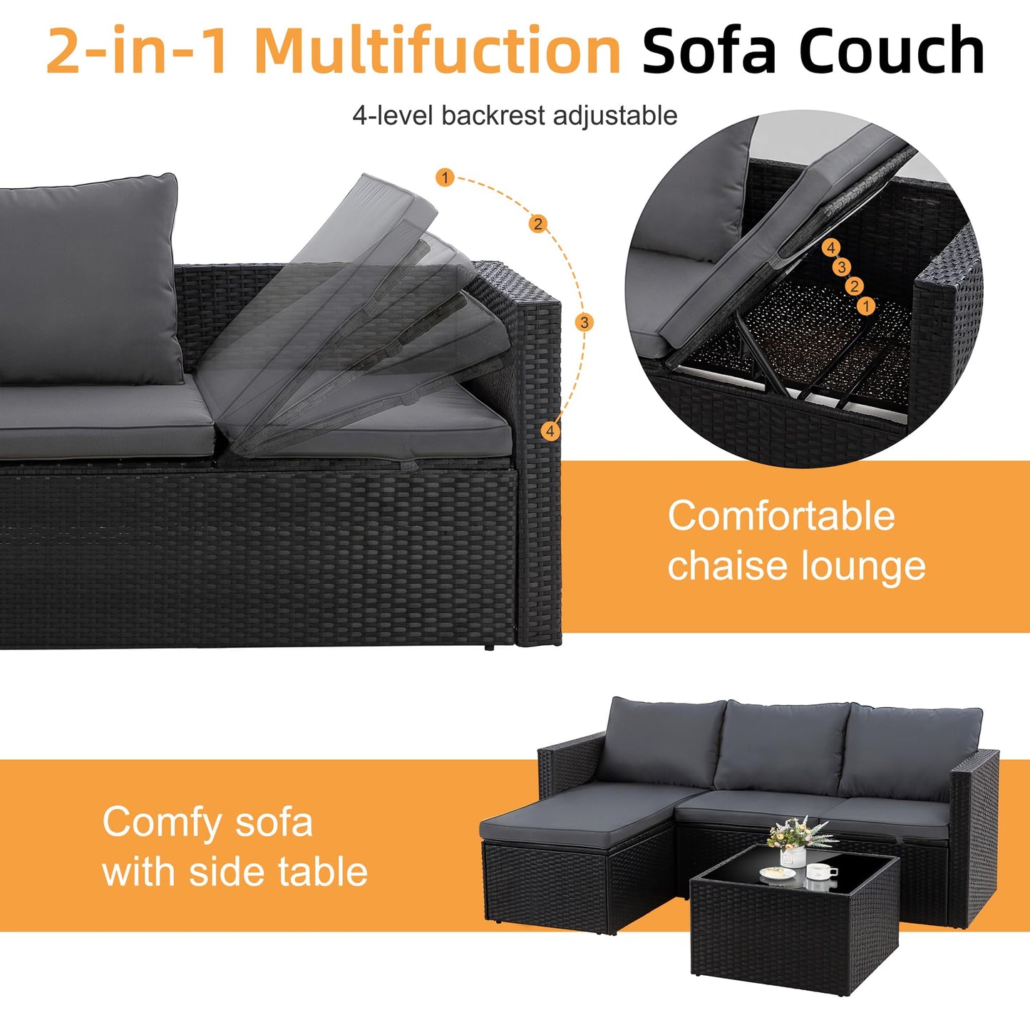 Shintenchi 4 Pieces Patio Furniture Sets, Outdoor Sofa Patio Sectional Sets All Weather, 2-in-1 Wicker Rattan Seating Sofa Couch with Cushions & Coffee Table for Yard, Garden, Porch, Poolside (Gray)