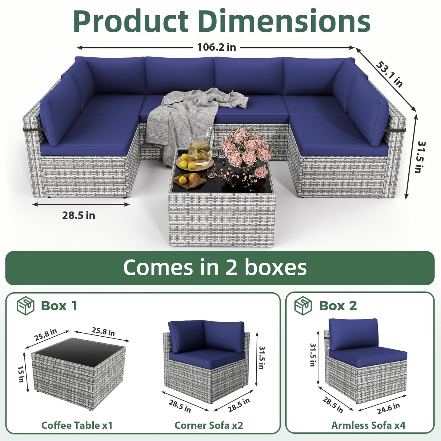 PATIOPIA 7-Piece Outdoor Sectional Sofa Set, Weather-Resistant Patio Furniture Set with Washable Cushions and Coffee Table, Grey Rattan Patio Conversation Set for Poolside, Backyard, Deck (Navy Blue)