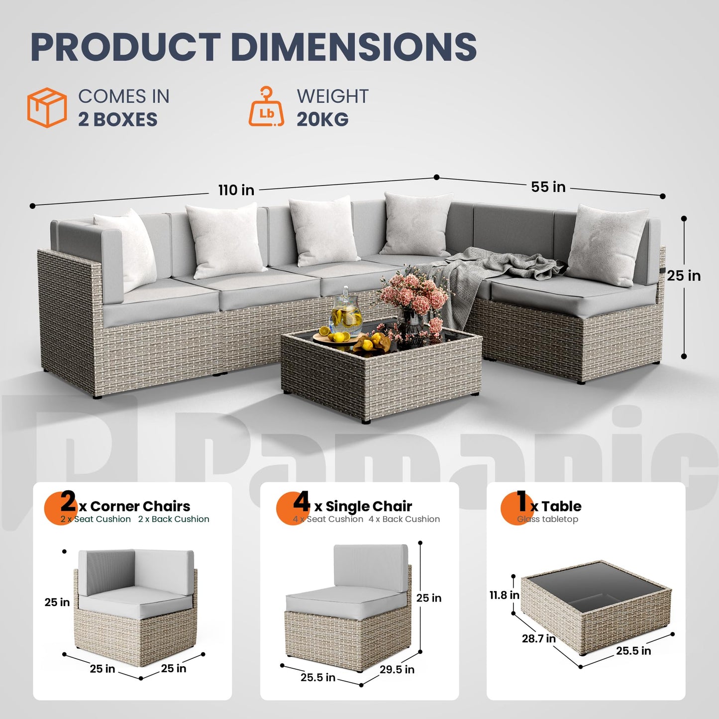 Pamapic 7 Piece Outdoor Sectional Furniture Set, All-Weather Wicker Patio Furniture with Washable Cushions, Waterproof Gray Rattan Conversation Sofa Set for Backyard, Poolside, Garden