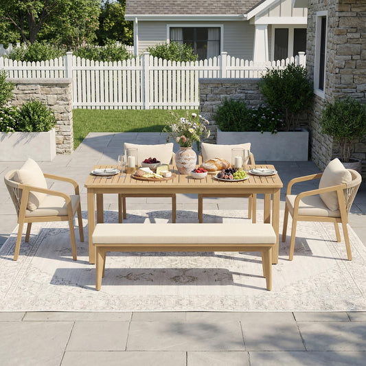 6-Piece Acacia Patio Table and Chairs Set with 23" Extra Wide Chair and Removable Cushion，Outdoor Dining Sets for 6, All-Weather Solid Wood Outdoor Patio Furniture Set for Garden Lawn, Beige