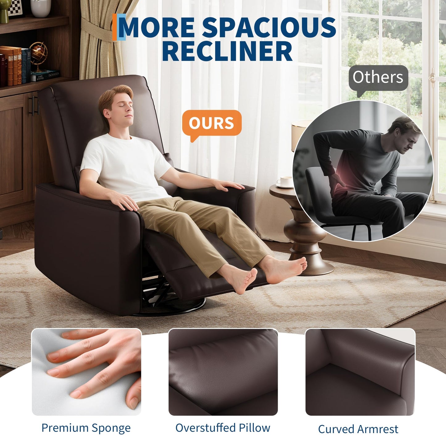 IDEALHOUSE Swivel Rocking Nursery Recliner Chair Rocker Recliner Glider Deep Seat PU Leather Sofa Chair with high Backrest for Nursery, Living Room, Bedroom & Home Movie Theater (Dark Brown)