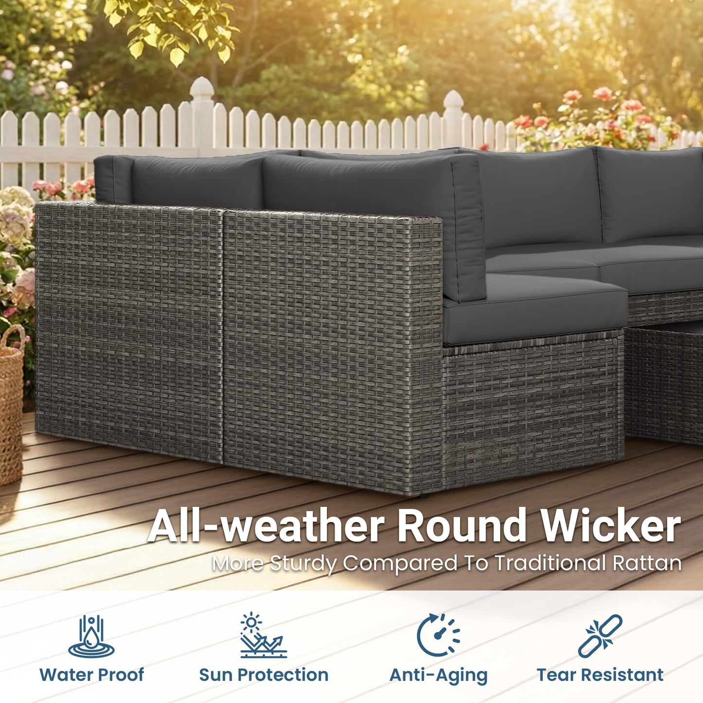 May in Color 7 Pieces Wicker Outdoor Patio Furniture Set, Patio Sectional Sofa with Coffee Table, All-Weather Outdoor Sectional Furniture for Garden Backyard, Grey
