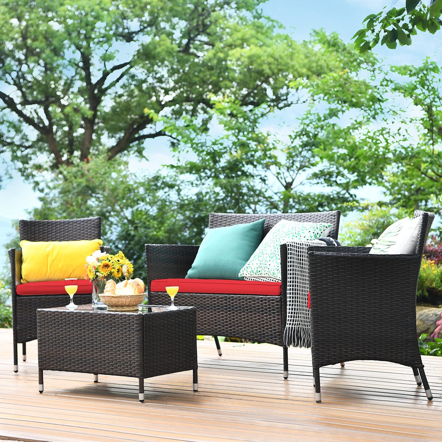 COSTWAY 8PCS Rattan Patio Furniture Set, Outdoor Wicker Rattan Chairs with Coffee Table, Rattan Cushioned Conversation Set for Backyard Balcony Porch Poolside, Red