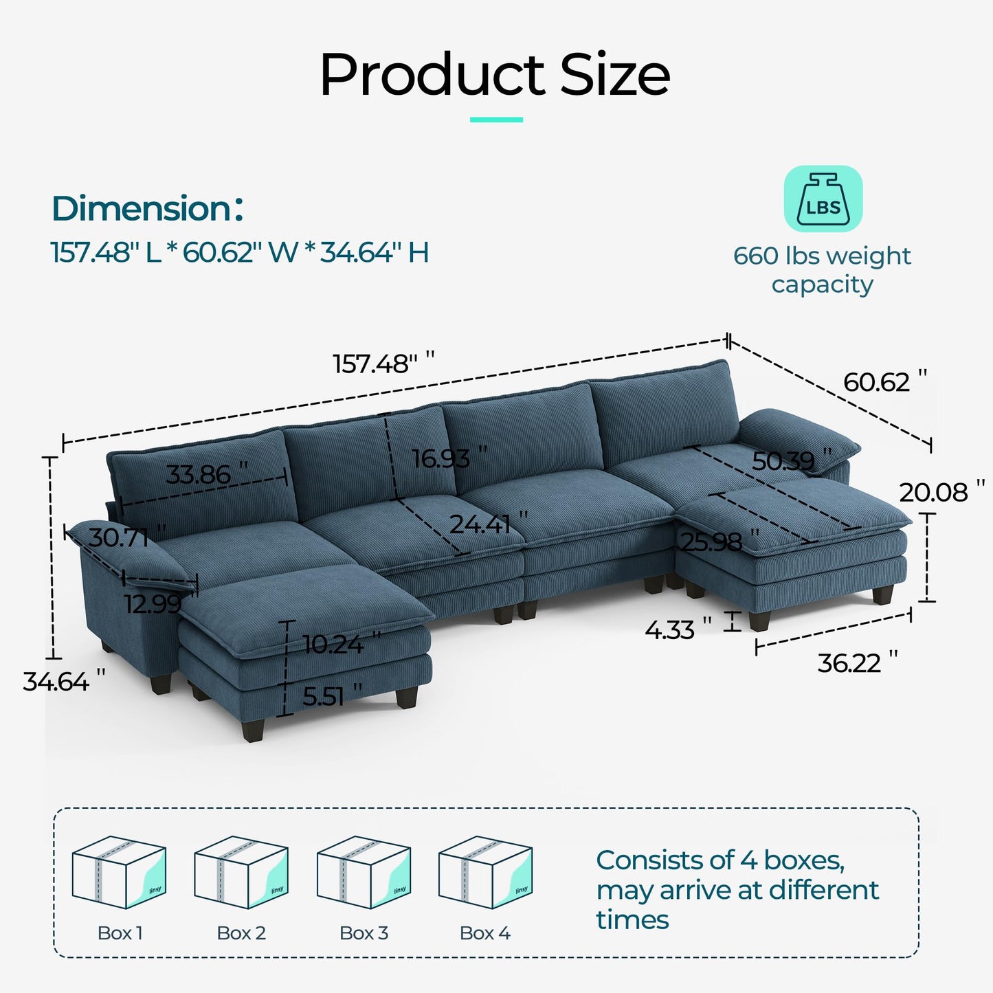 LINSY HOME 157'' Modular Sectional Sofa Blue Couch Corduroy Cloud Couches for Living Room, U Shaped Couch with Movable Ottoman, Modern Cloud Sectional Sofas for Bedroom and Apartment, Blue