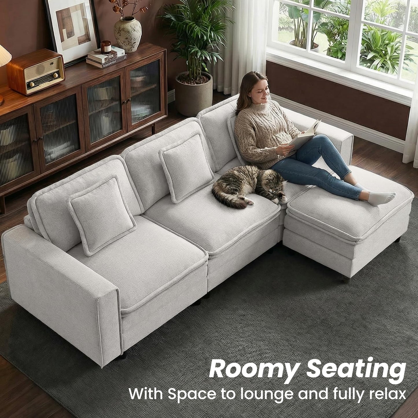 MALOL Modular Sectional Sofa 107", Comfy Cloud Couch with Ottoman, Deep 4-Seat L Shaped Modular Sofa, Couches with Throw Pillows for Living Room, Beige