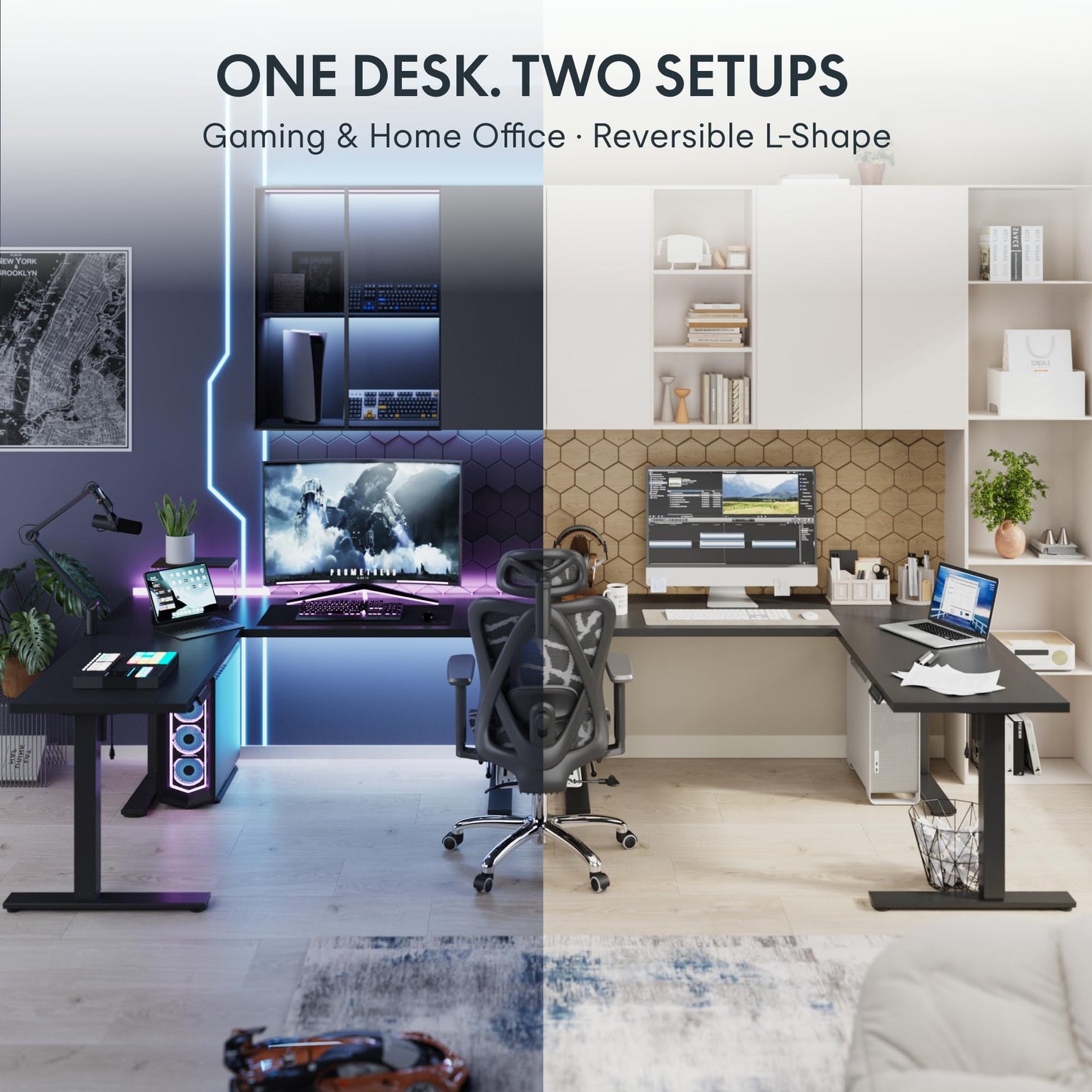 FLEXISPOT L Shaped Standing Desk, 71 x 63 Inch Electric Height Adjustable Corner Desk, Sit Stand Computer Workstation, Preset Controller, Home Office, Black Frame with Black Top
