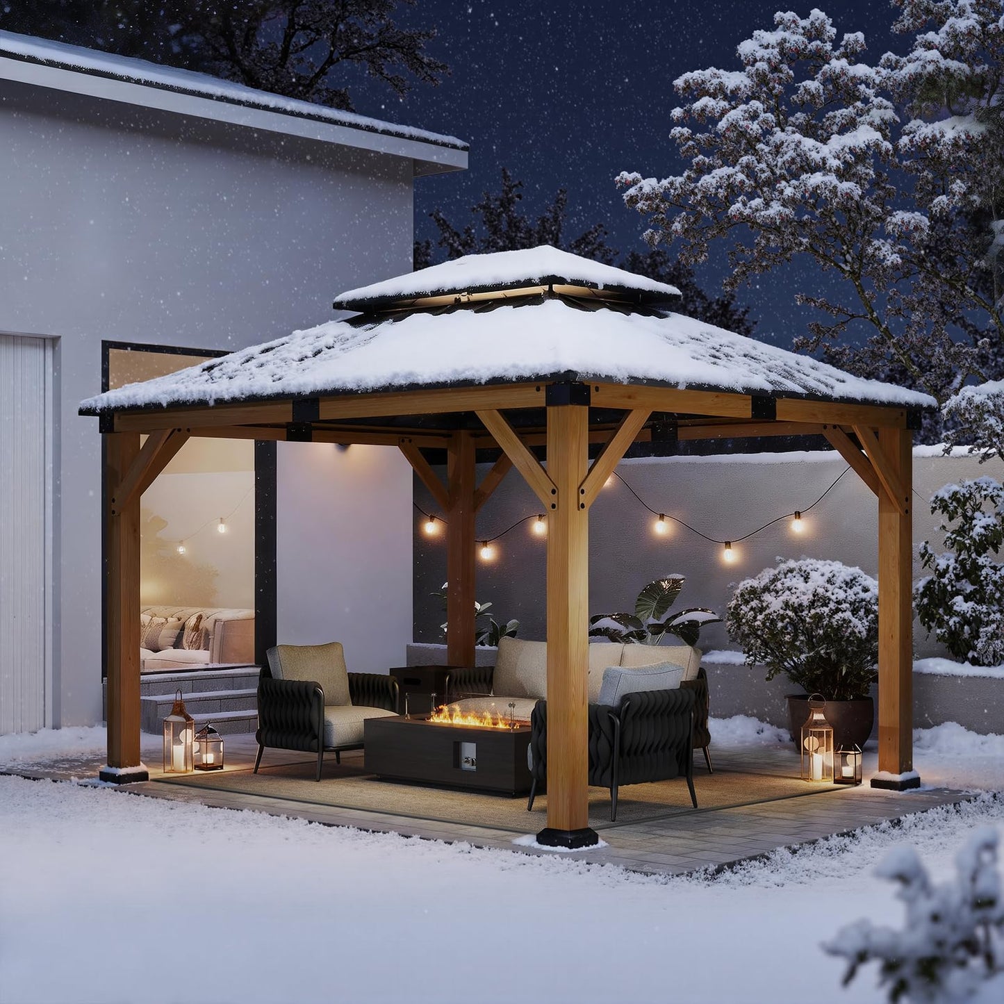 Jocoevol 10' X 12' Wood Gazebo Hardtop Outdoor Permanent Pavilion with Double Galvanized Steel Roof Snow Support, Wind Resistance for Backyard Garden, Lawns, Patio
