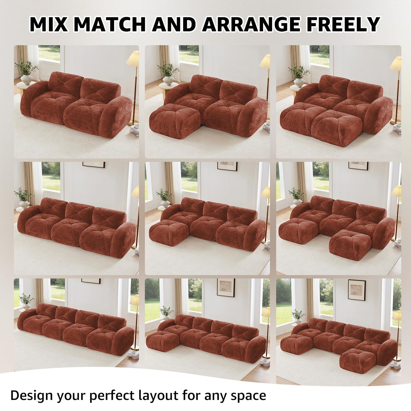 Red L-Shaped Sectional Couches for Living Room, Velvet Fabric Boneless Couch, No Assembly Cloud Modular Sectional Sofa with 1 Ottoman, Foam Couch Compressed Sofa Set for Apartment, Sofas para Sala