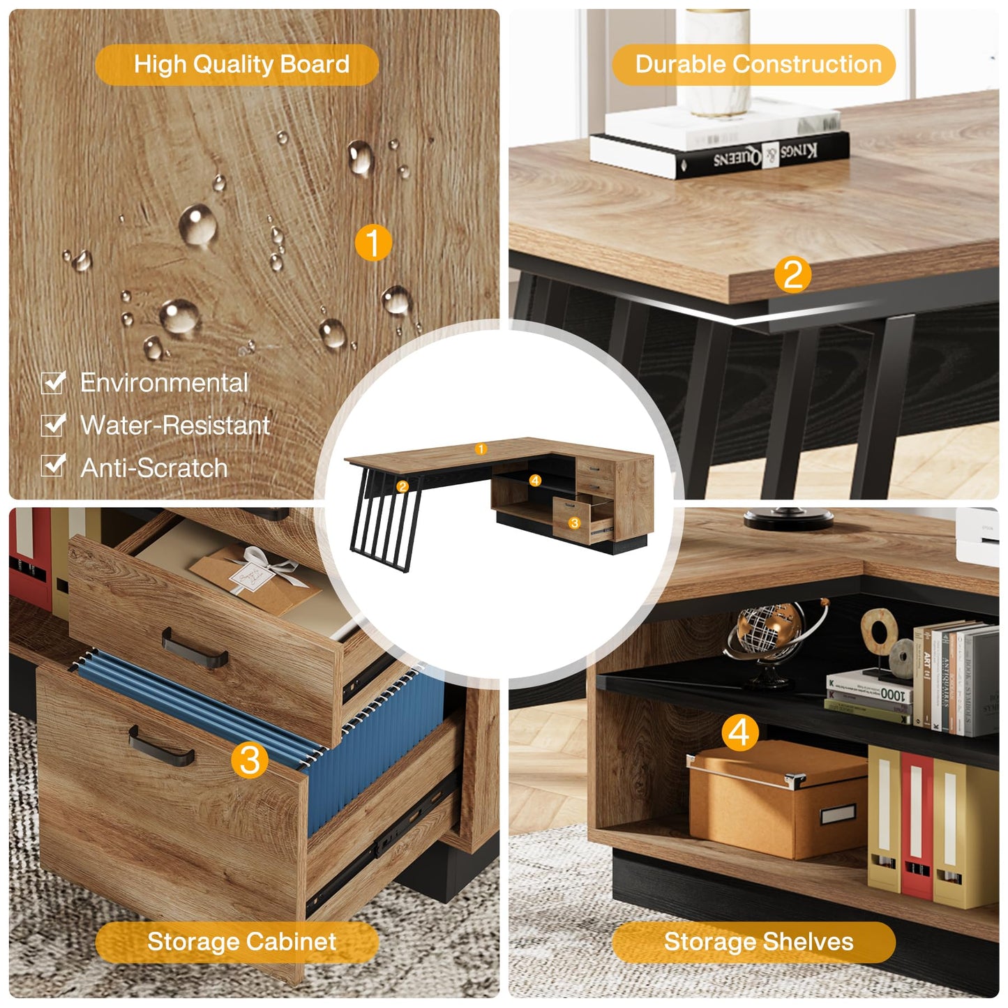 Tribesigns 71-Inch Executive Desk, L-Shaped Desk with Cabinet, Large Office Desk with Drawers and Storage Shelves, Writing Table Computer Desk for Home Office, Oak and Black
