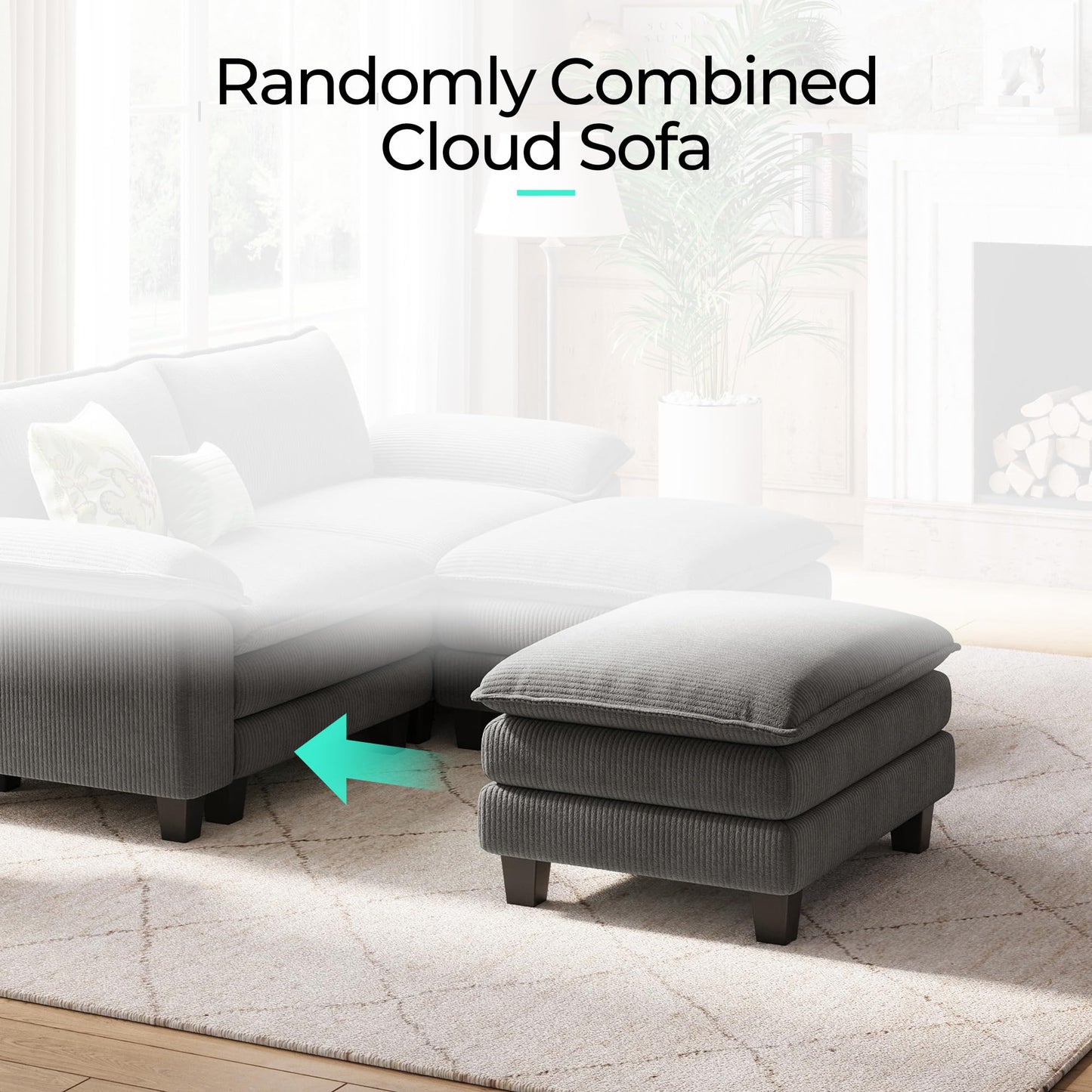 LINSY HOME Modular Sectional Sofa - 90 Inch Oversized Corduroy Cloud Couch with Movable Ottoman Soft Modern Comfy Sofa Set for Living Room Apartment Office, Grey