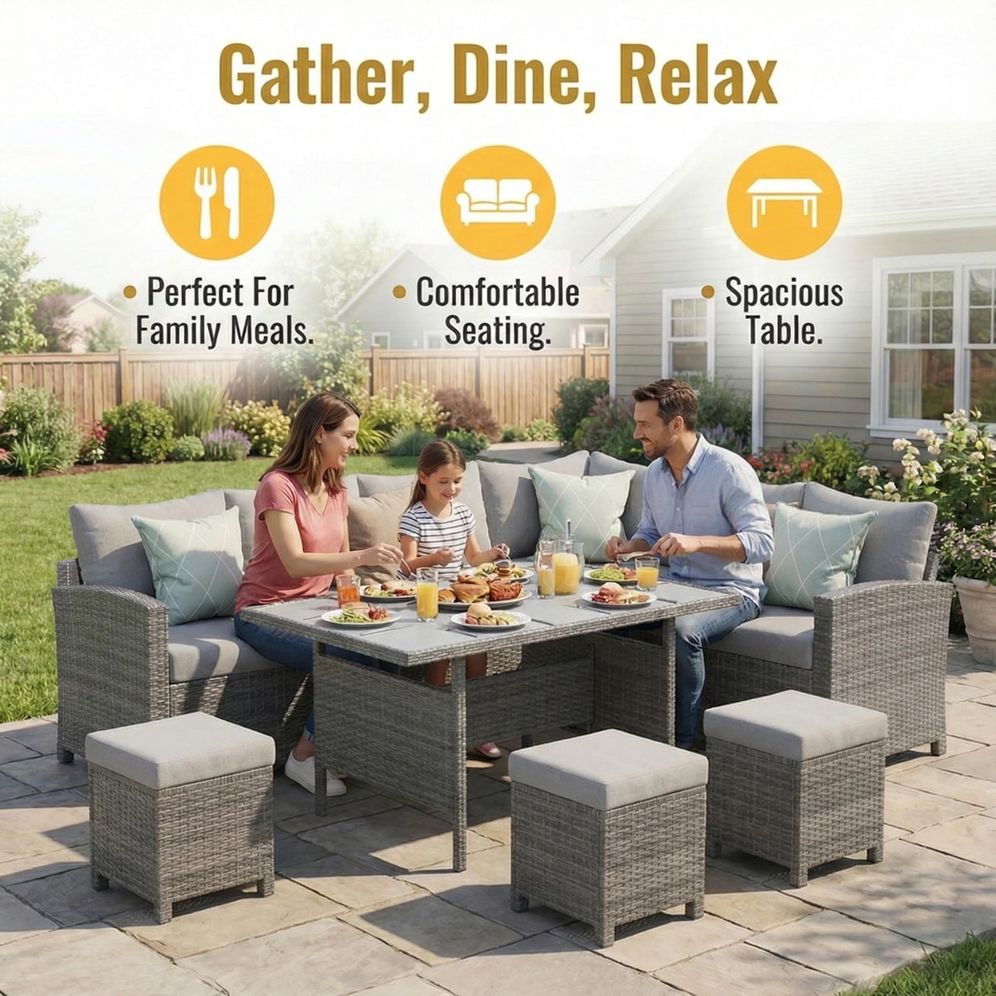 Wisteria Lane 7 Piece Patio Furniture Set, Wicker Patio Sectional with Wide Armrest, All Weather Outdoor Dining Set, Outdoor Furniture Patio Conversation Set with Ottoman, Ash Gray