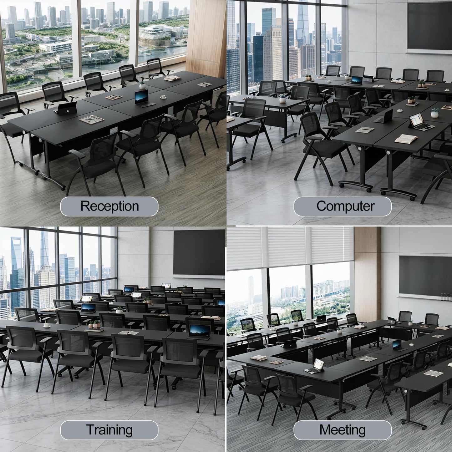 Conference Room Table with Wheels 6ft Folding Modular Large Black Conference Table Foldable Modern Rectangle Training Meeting Tables for Classroom Office(8, Black, D 55")