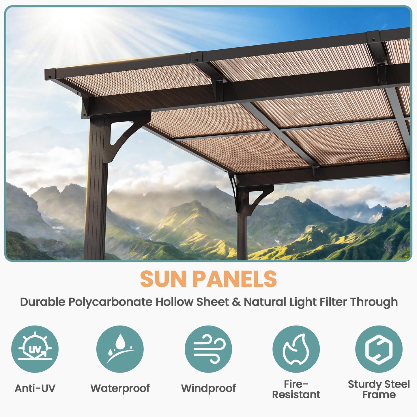 Pamapic 10x14FT Wall Mounted Gazebo, Hardtop Lean to Gazebo with Aluminum Frame & UV Resistant Polycarbonate Roof, Outdoor Patio Awning for Deck, Porch, Lawn & Backyard