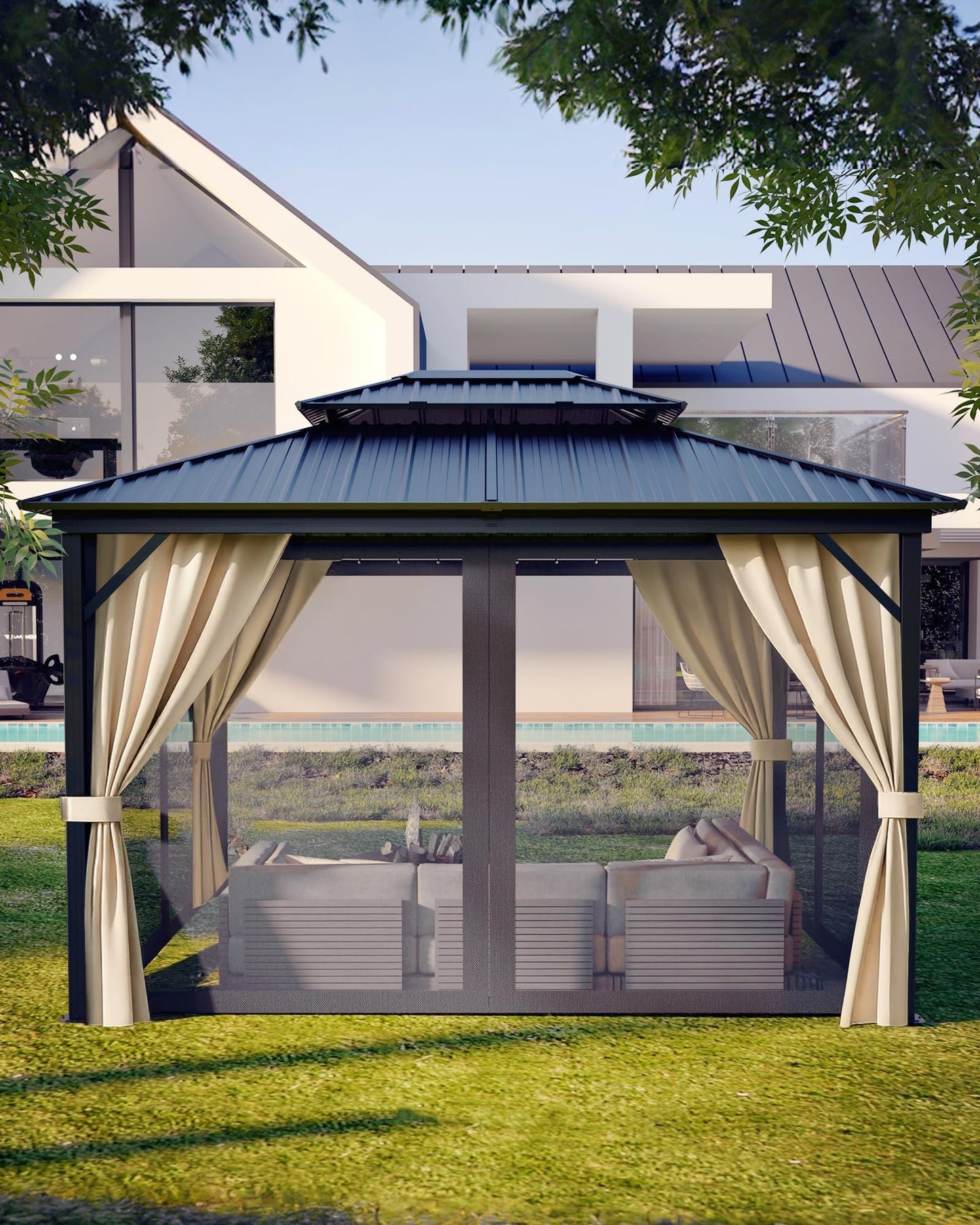 8'X8' Hardtop Gazebo, Outdoor Double Roof Galvanized Steel Gazebo, Aluminum Heavy-Duty Steel Top Canopy with Mosquito Net & Privacy Curtain for Patio, Porch, Garden, Lawn, Deck, Backyard,Gray