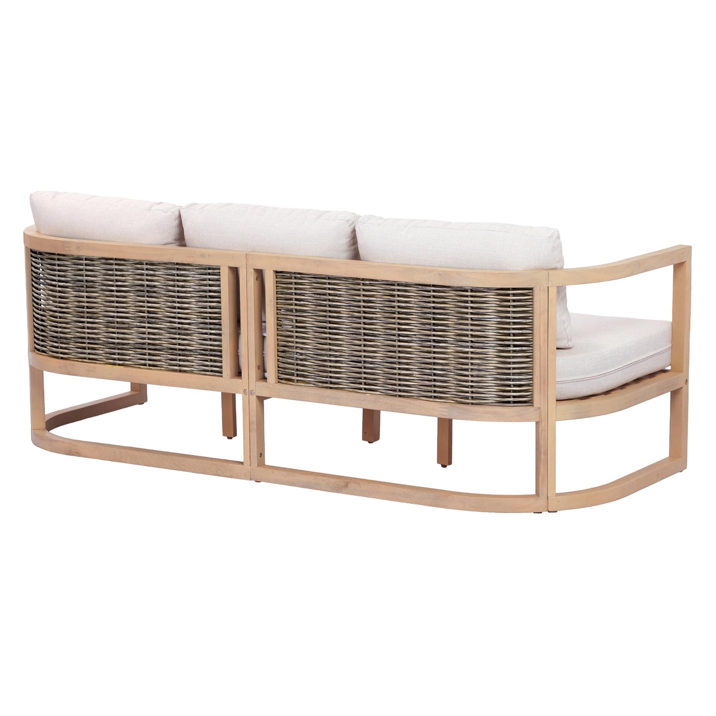 Merax 4 Piece Rattan Woven Paito Conversation Set, All-Weather Acacia Wood 3 Seater Sofa,2 Club Armchairs with Coushions, 1 Coffee Table for Porch, Lawn, Backyard, Balcony, Light Teak