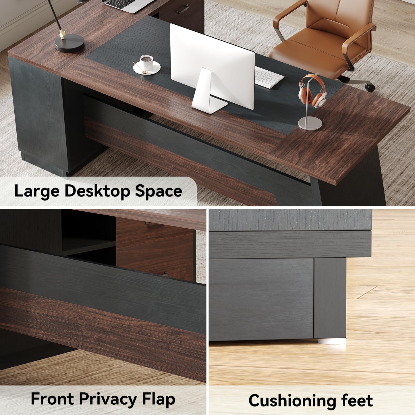 LITTLE TREE 78-Inch Executive Office Desk with File Cabinet, Large Modern Corner Office Desk for Home Office, 3-Drawer Wood File Cabinet, Spacious Workstation for Home Office (Brown & Black)