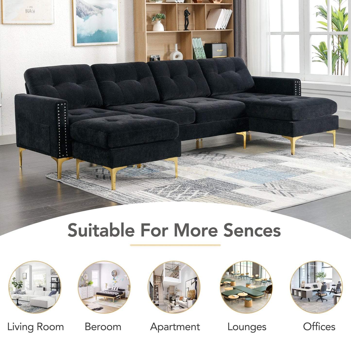 P PURLOVE Velvet Modern Large Sectional Sofa, U Shape Upholstered Couch with Chaise, Convertible Sofa Couch with Movable Ottoman for Living Room Apartment (Black)