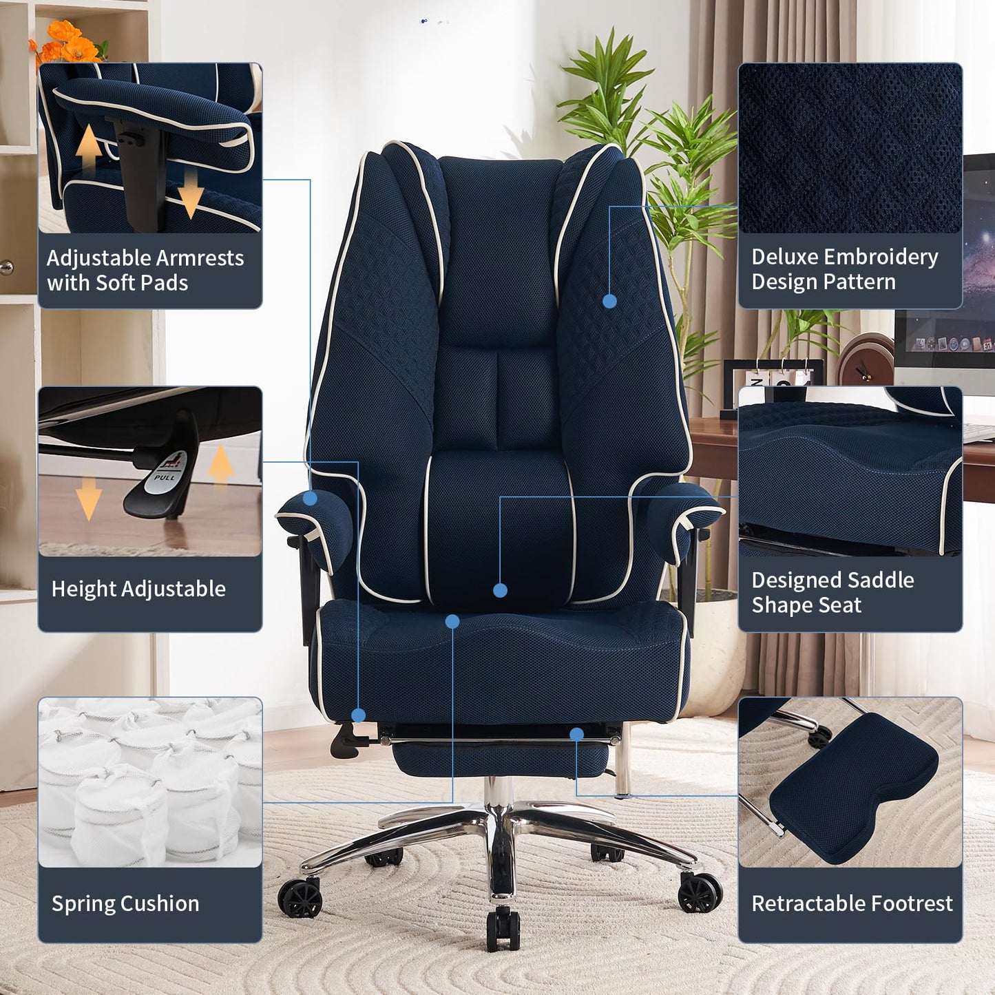 EXCEBET Big and Tall Office Chair 400lbs Wide Seat, Leather High Back Executive Office Chair with Foot Rest, Ergonomic Chairs Lumbar Support for Lower Back Pain Relief (Mesh Dark Blue)