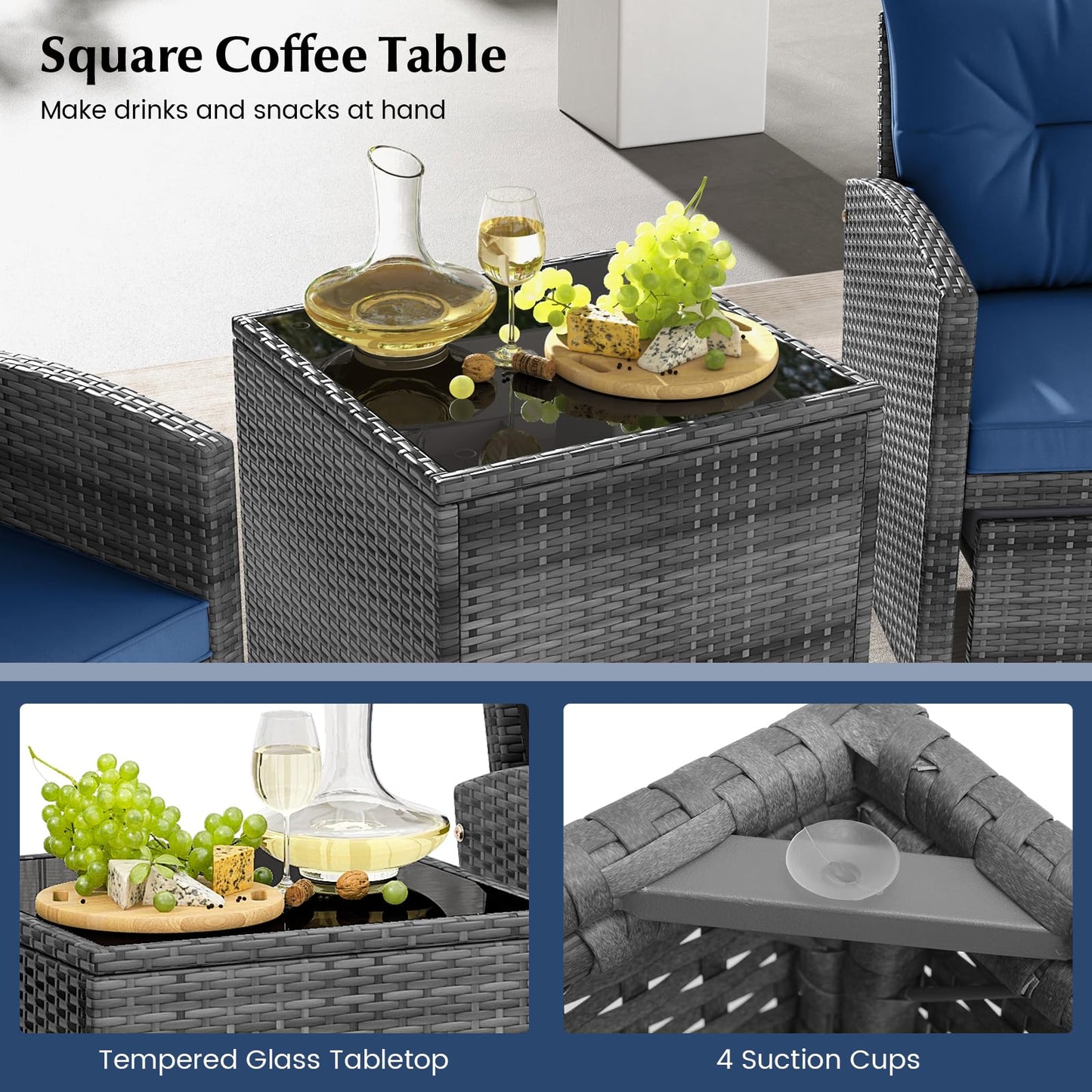 Tangkula 5 Pieces Patio Conversation Set, PE Wicker Rattan Outdoor Furniture Set with 2 Chairs, 2 Ottomans & Tempered Glass Coffee Table, Ideal for Poolside, Backyard, Lawn, Deck, Mix Grey & Navy
