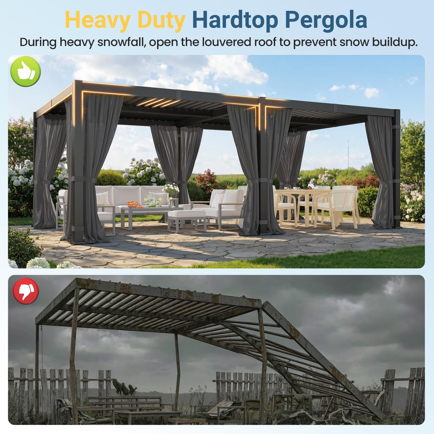 12' x 20' Louvered Pergola, Metal Outdoor Pergola with Adjustable Louvered Roof, Curtains & Netting, Gutter System, Hardtop Patio Gazebo for Patio, Deck, Garden, Yard, Dark Gray