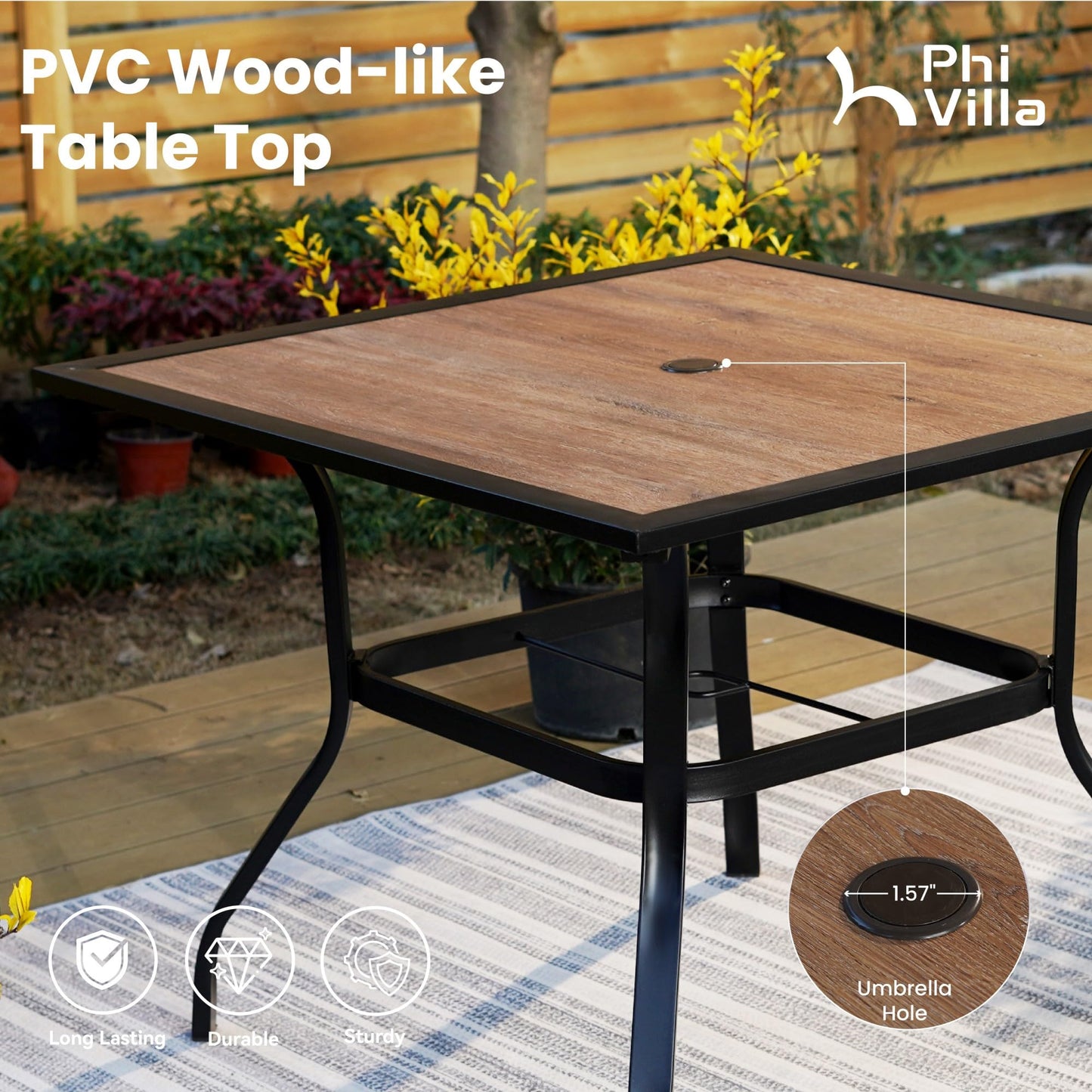 PHI VILLA 5 Piece Outdoor Patio Dining Set with 4 Padded Swivel Dining Chairs & 1 Wood-Look Dining Table, All Weather Blue Chair and Metal Table for Deck Lawn Garden