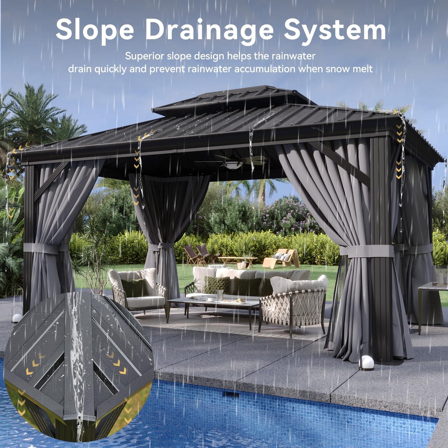 Aoxun 10'x12' Hardtop Gazebo, Aluminum Frame Canopy with Double Galvanized Steel Roof, Outdoor Metal Pavilion with Netting, and LED Outdoor Waterproof Hanging Lights