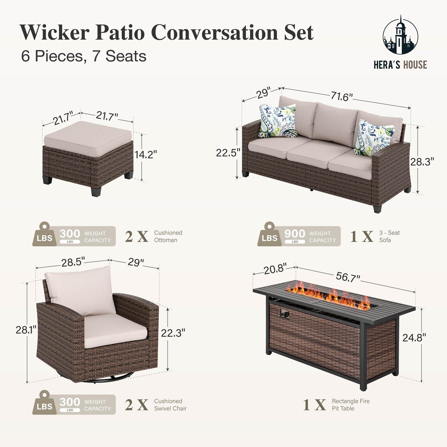 HERA'S HOUSE Swivel Glide Patio Furniture Set with 56" Fire Pit Table, 6 Pieces Outdoor Wicker Sectional Conversation Sofa Sets for Lawn Backyard Deck, Beige