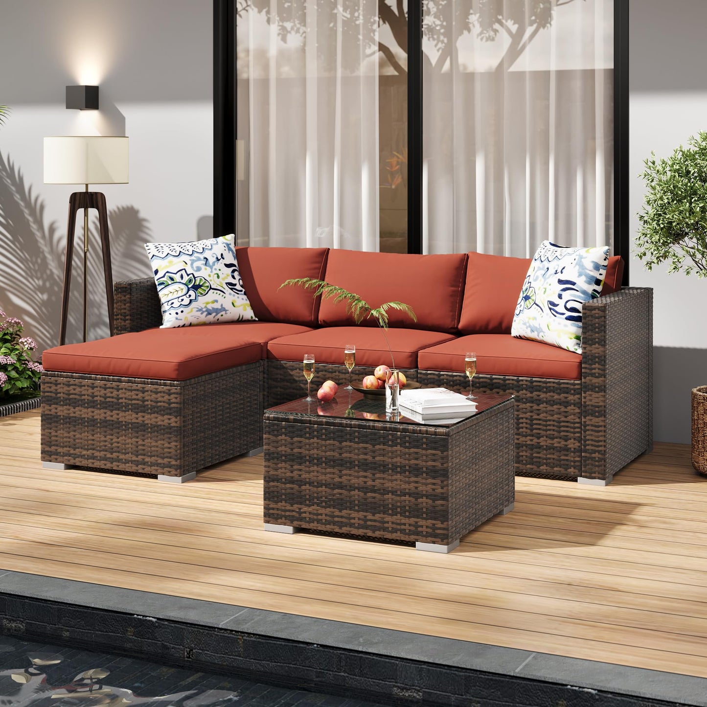MilleLoom 5-Piece Outdoor Sectional Sofa Set, All-Weather PE Rattan Patio Furniture with Ottoman & Tempered Glass Table, Convertible Garden Couch for Backyard, Porch, Poolside (Brown/Wine Red)