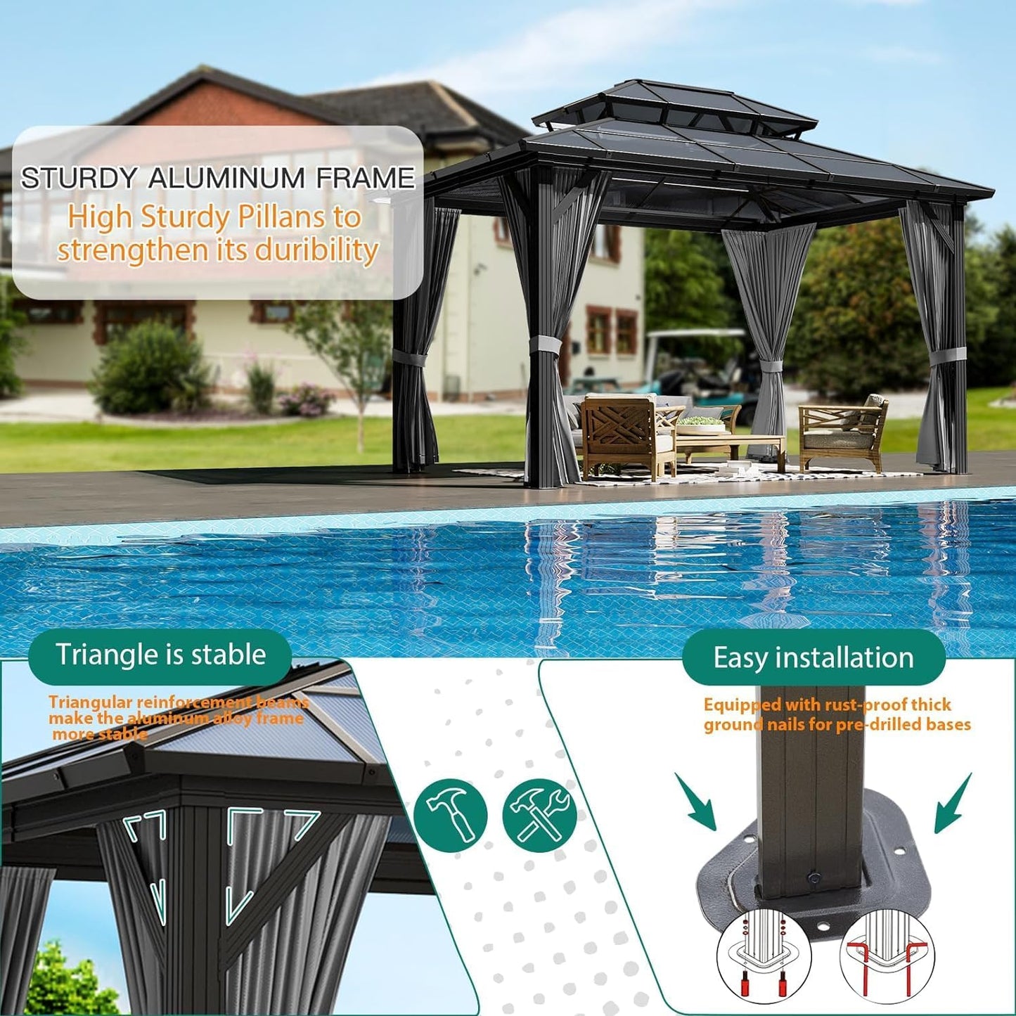 12'x10' Hardtop Gazebo, Aluminum Permanent Pavilion with Polycarbonate Double Roof, Removable Curtains & Mosquito Netting for Patio, Garden, Lawn, Upgrade Your Outdoors: Heavy Duty Hardtop Gazebo