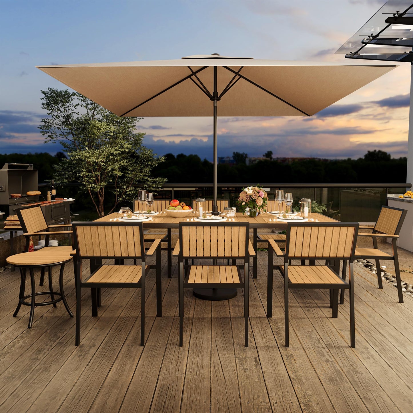 Pamapic 10-Piece Outdoor Dining Set, Patio Aluminum Furniture with Plastic-Wood Table Top & 8 Stackable Chairs, Outdoor Furniture Set for Patio Garden Poolside (Teak)