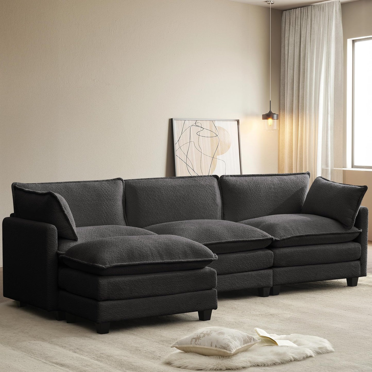 ROWHY 112'' Sectional Cloud Couch with Movable Ottoman, 4 Seat Modern Chenille Modular Sofa with 2 Throw Pillows, Deep Seat L Shaped Couch for Living Room Bedroom Apartment, Dark Grey