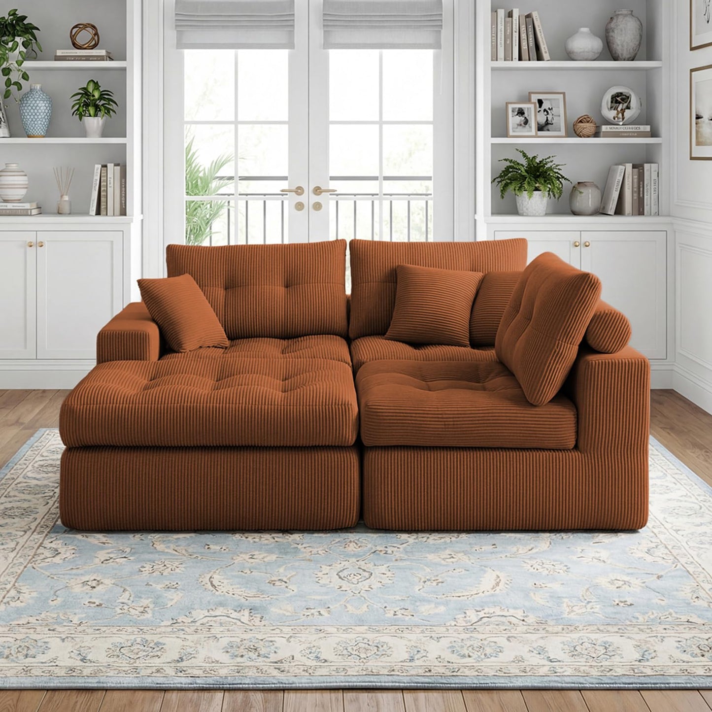 113-Inch L-Shaped Modular Corner Cloud Sofa Corduroy Tufted Foam Sectional with Deep Seat, 4 Pieces Compressed Boneless Sofa Couch with Movable Ottoman & 4 Toss Pillows