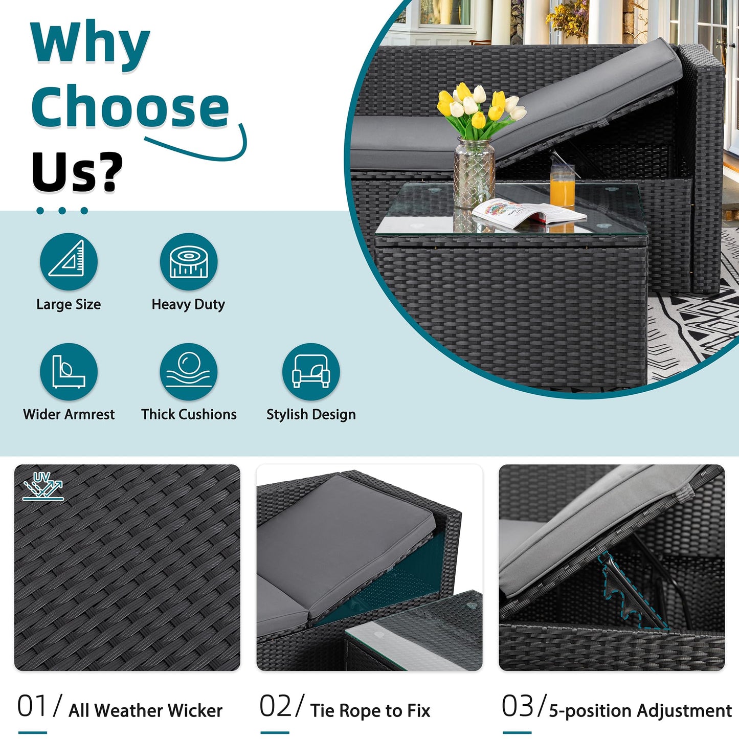 SUNLEI Patio Furniture Set with Detachable Soft Cushions, All Weather Outdoor PE Rattan Patio Conversation Sofa Set, Black Rattan/Grey