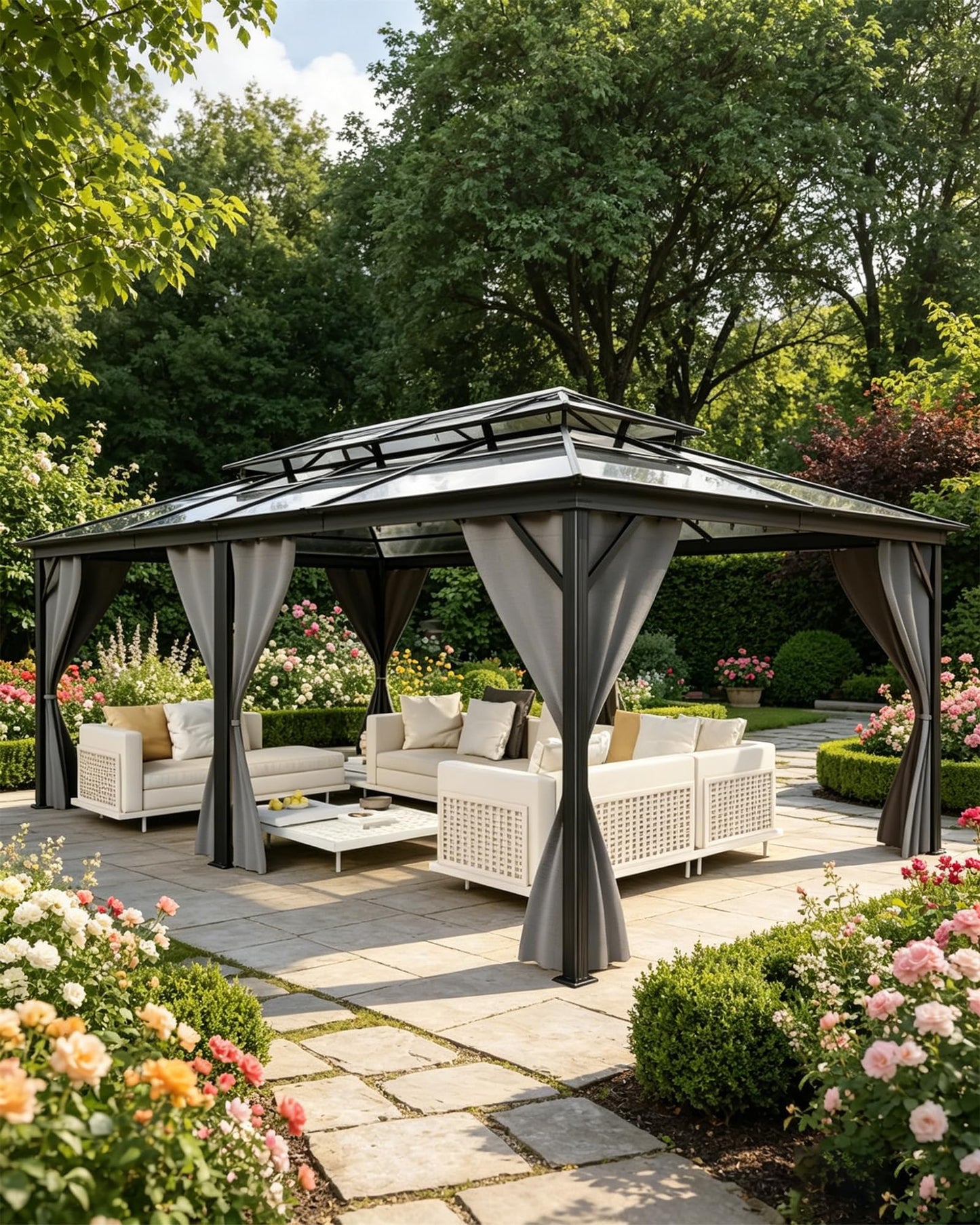 12' x 20' Permanent Outdoor Hardtop Gazebo, Sturdy Aluminum Frame Backyard Canopy with Double Polycarbonate Roof, Includes Mosquito Netting and Curtains for Patio, Lawn & Garden