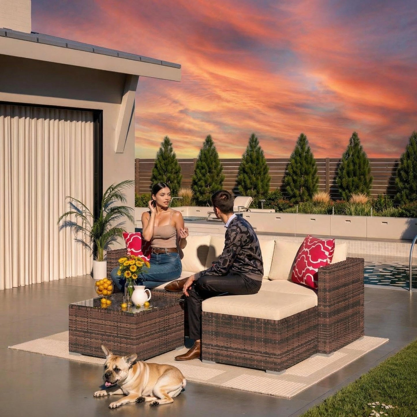5-Piece Patio Sectional Sofa Set, All-Weather Brown PE Rattan Outdoor Conversation Furniture with Neutral-Tone Cushions, Glass Coffee Table & Footstool, Modular Design for Garden, Porch, Balcony, Pool