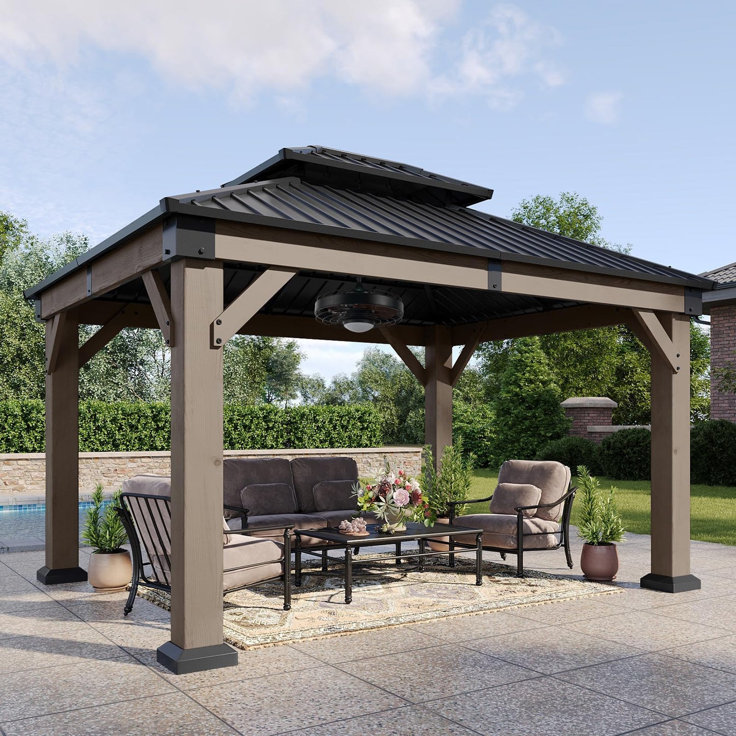 Aoxun 10' x 12' Outdoor Wood Gazebo, Hardtop Gazebo with Galvanized Steel Double Roof, Permanent Wooden Pavilion with Ceiling Fan, for Patio, Garden, Deck, Cedar Wood, Grey