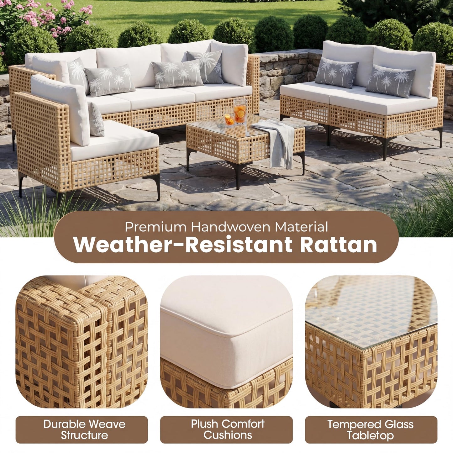 Devoko Patio Furniture Set,7 Pieces Outdoor Wicker Sectional Couch with Thick Cushions &Glass Tabletop, PE Rattan Backyard Conversation Sofa with Coffee Table for Deck, Porch