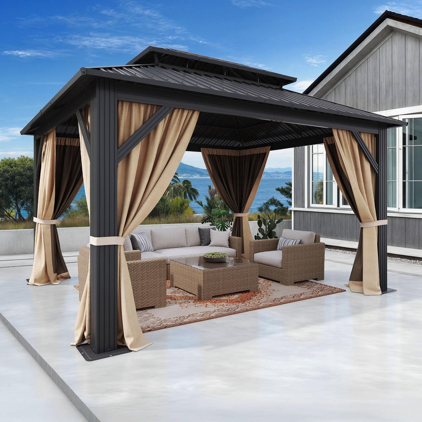 DWVO 12x14ft Aluminum Gazebo Hardtop Double Roof Canopy Outdoor Gazebo Galvanized Roof with Netting and Curtain Garden Tent for Patio, Backyard and Deck