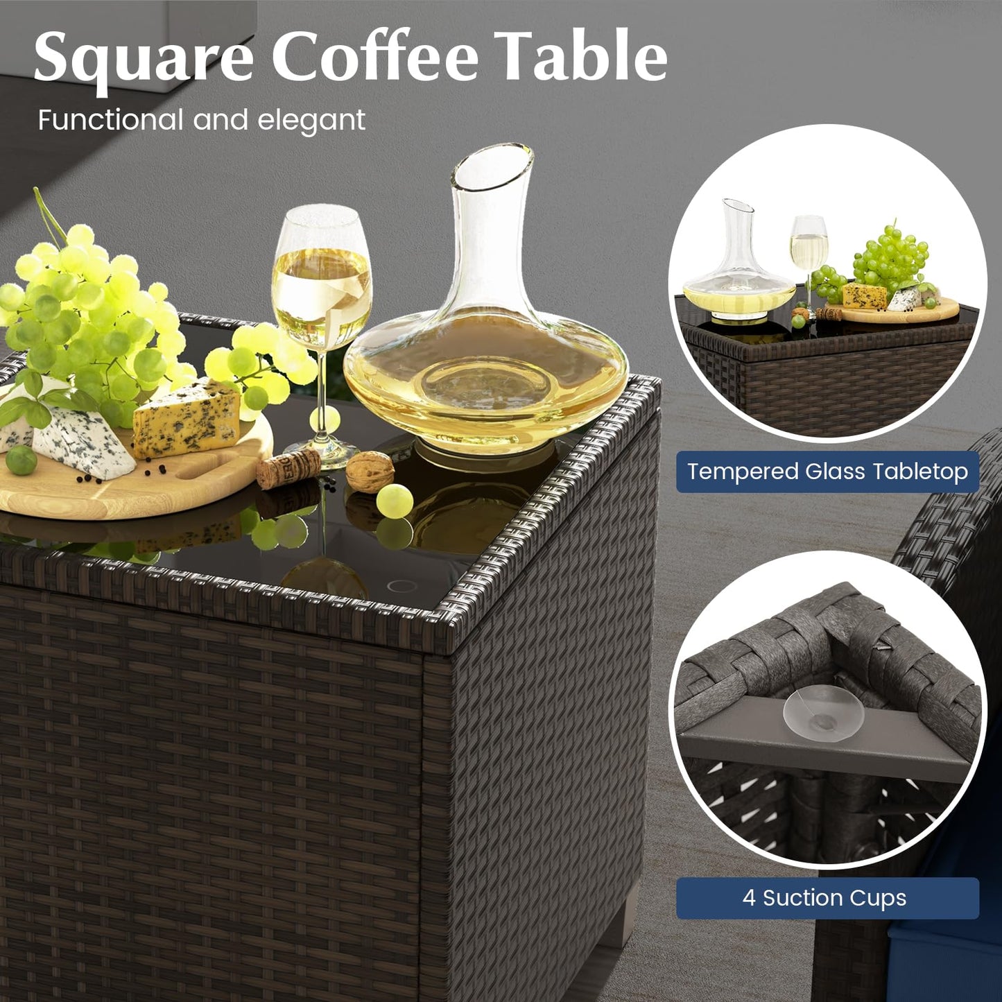 Tangkula 5 Pieces Patio Conversation Set, PE Wicker Rattan Outdoor Furniture Set with 2 Chairs, 2 Ottomans & Tempered Glass Coffee Table, Ideal for Poolside, Backyard, Lawn, Deck, Mix Brown & Navy